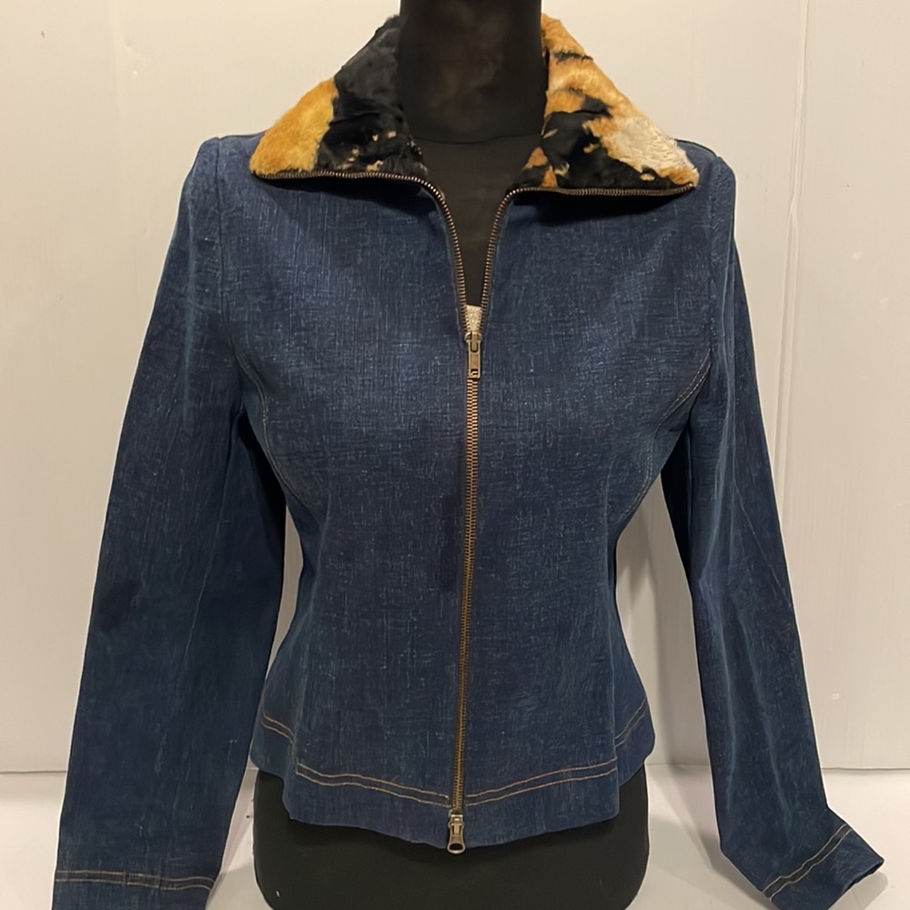 Emil Rutenberg Sport VTG Denim Crop Jacket  Zip Front Collar Fur Trim size XS